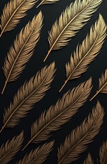Poster - Hand drawn gold feather pattern on black background. Decorative illustration, modern art, trendy wallpaper design. Artistic template for design, background for design projects.