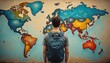 © Maryna - Young man stands front of world map mural. Back view of guy with backpack, looking at globe. World travel, explore countries. Tourism, geography, global vision, study around world.
