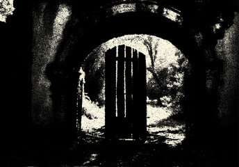 Poster - Ancient ruins in sci-fi scene with dotwork retro style. Mysterious gate debris with dramatic lights and retro texture