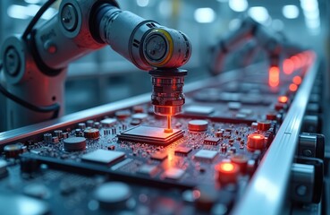 Poster - Robot arm assembles microchip circuit board in phone factory. Smart factory industry 4. 0 tech. Modern automation process, precision manufacturing. Electronic equipment, high-tech production.