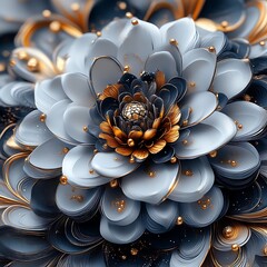 Poster - Detailed close-up of a stylized, layered flower design.  Complex, intricate patterns in light and dark shades of blue and gold.  Exquisitely detailed, almost 3D effect