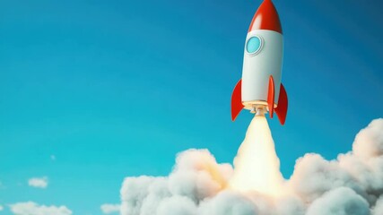 Poster - A red and white rocket blasting off into the blue sky