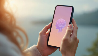 person holds smartphone with ai mental health app interface. calm design with brain icon, peaceful n