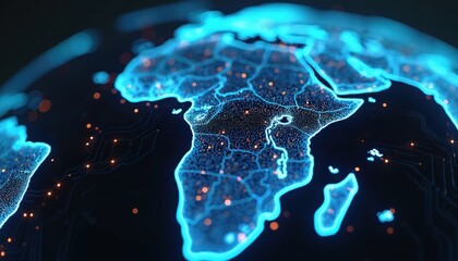 Leinwandbilder - Digital illustration shows Africa continent on circuit board globe. Blue lines, glowing dots connect countries tech, data, connection. Concept of global digital transformation, innovative solutions