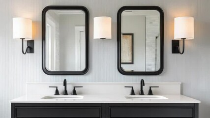 Poster - A modern bathroom with two sinks and two mirrors, perfect for a small space or shared use