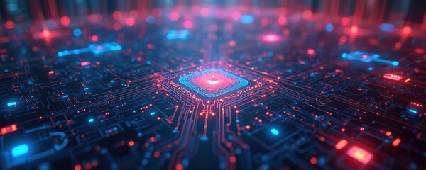 Leinwandbilder - Abstract illustration featuring intricate circuit board design. Digital network technology concept with red, blue lights. Cybernetic data stream, computer chip, artificial intelligence, innovative