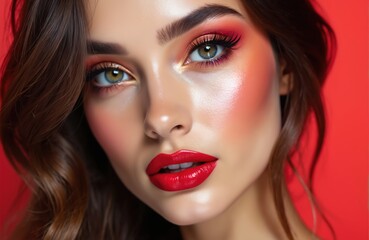  Portrait of fashion model girl with bright makeup on red background. Glamour young woman with vivid color cosmetic on face. Beauty magazine cover. Closeup of attractive brunette girl with red