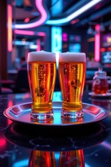 Poster - a digital art rendering in a futuristic style, with glowing beer glasses on a sleek metallic tray under neon lighting.
