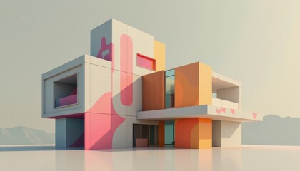 Poster - an abstract digital artwork with geometric shapes hinting at a building, using pastel colors and layered transparency.
