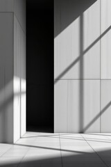 Poster - a sleek, minimalist black and white architectural photograph emphasizing lines and shadows on the building.