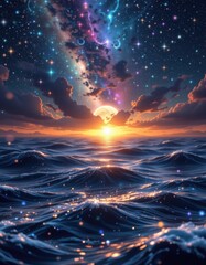 Poster - a cosmic fantasy scene featuring a starry sky blending into a mystical, enchanted ocean with floating light particles.