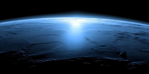 Wall Mural - A view of a blue planet with a bright light shining on the horizon from outer space view point