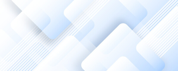 Poster - 3D white blue abstract background overlap layer on bright space with cutout shape effect decoration. Modern graphic design element rounded squares style concept for web, flyer, card, or brochure cover