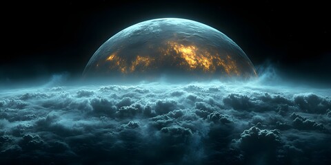 Wall Mural - A planet rising above a sea of clouds with a fiery glow in a dark and mysterious atmosphere