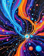 Poster - a vibrant, high energy abstract with dynamic lines, spirals, and glowing dots in electric blue and cyan.