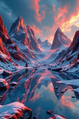 Poster - a surreal digital scene with exaggerated, glowing mountains and surreal reflections in an otherworldly environment.