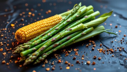 Poster - futuristic digital rendering of asparagus and corn with glowing accents on a digital textured surface