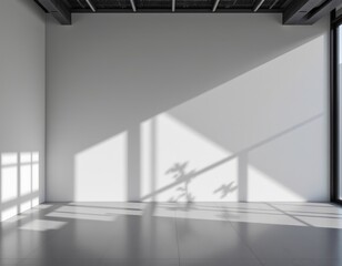 Poster - digital art of a sleek, modern interior with stark high contrast light and shadow patterns on a blank wall