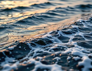 Poster - a macro photograph of the ocean's surface with detailed reflections, emphasizing textures and wave details.