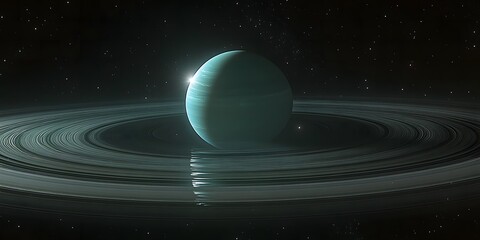 Wall Mural - A teal planet with rings in a dark starry space with a light source at the top left corner