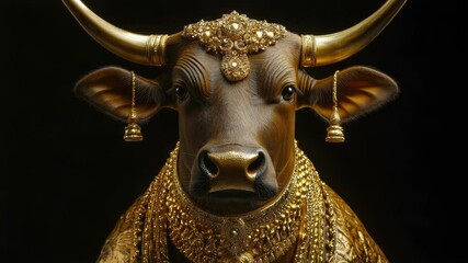 Poster - A bronze bull figurine adorned with golden details, often used as decorative piece or in artistic compositions