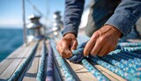 Man tying knots on sailboat deck in sunny weather.