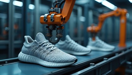 Poster - Automated shoe production line. Robotic arms place sneakers on conveyor belt. Modern footwear manufacturing process. Industry 4. 0 concept. Mass production automation process.