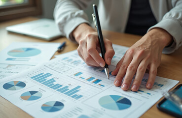 Poster - Business person hand hold documents with financial statistic, analyze charts graphs. Market research reports. Accounting finance concept, teamwork. Data analysis, investment, profit and growth.