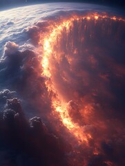 Wall Mural - Aerial view of a fiery cloud formation with orange and white hues against a dark sky background
