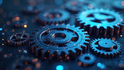 Leinwandbilder - Abstract 3D rendering gears, digital lines, bokeh lights. Dark blue background. Illustration of technology, industry, engineering, mechanic, innovation, future progress development automation systems.