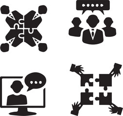Poster - Business Cooperation Icon Set: Four business icons illustrate collaboration and partnership for achieving common goals through teamwork and communication.