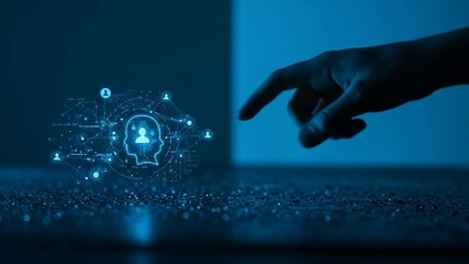 Aufkleber - Hand Reaching Towards Digital Network Interface with Glowing Blue Icons in Dimly Lit Environment