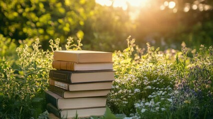 Poster - A stack of books sitting on a lush green field