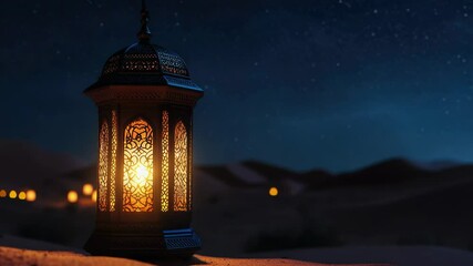 Poster - A lantern shines brightly in the snowy night scene