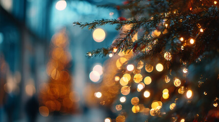 Poster - Christmas tree lights bokeh background festive holiday season celebration decoration december winter night 100