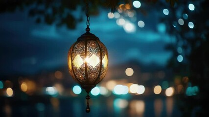 Poster - A lantern hangs from a tree branch at night, providing soft lighting