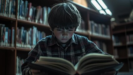 Poster - A young boy sits at a desk in a quiet library, fully immersed in his favorite book