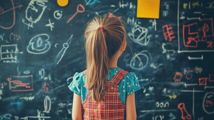 Poster - A young girl stands near a blackboard, ready to learn or create something