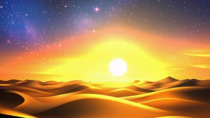 Poster - A serene desert landscape with a warm sunset and twinkling stars in the night sky