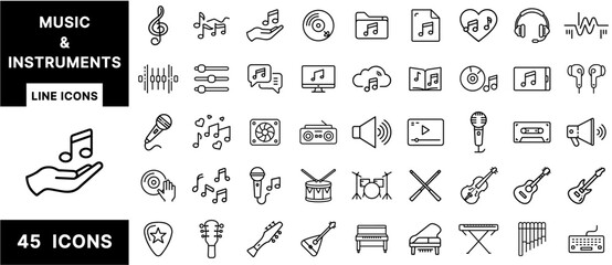 Poster - Music and Audio Line Icons Set – Musical Notes, Files, Instruments, Headphones, Playback Controls, Microphones, and Sound Media Symbols for Digital Design