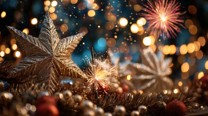 Poster - Festive christmas background with golden stars sparklers and bokeh lights for holiday season celebration