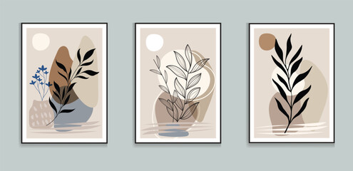 Wall Mural - minimalist botanical triptych wall art black leaves on white