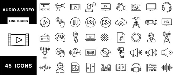 Poster - Audio and Video Line Icons Set – Media Controls, Microphones, Headphones, Video Cameras, Sound Waves, Broadcasting, and Streaming Symbols for Multimedia Design