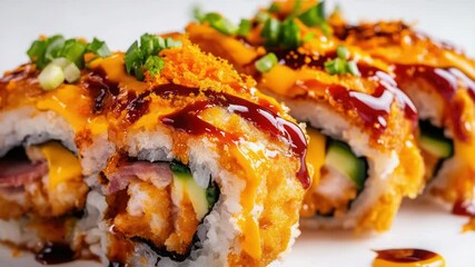 Poster - Fresh sushi roll on a white plate with savory sauce