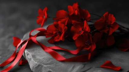 Poster - A beautiful arrangement of red flowers perched atop a stone, perfect for use in editorial or commercial contexts