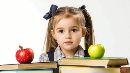 Poster - A young girl sits at a table surrounded by books, focusing on her studies with an apple nearby