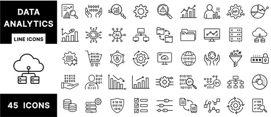 Leinwandbilder - Data Analytics Line Icons Set – AI, Big Data, Charts, Cloud Storage, Cybersecurity, Statistics, Dashboard, Database, and Visualization Symbols for Digital Design