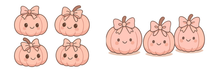 Poster - Cute illustrations of pink pumpkins with bows, perfect for autumn decorations or festive events, showcasing a playful design style