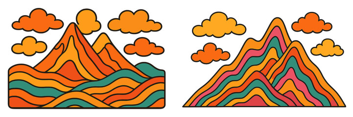 Poster - Colorful mountain landscape with stylized clouds and vibrant waves at sunset