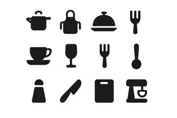 Poster - Kitchen utensils and dining elements illustrated with simple silhouettes, suitable for culinary design projects or menu layouts